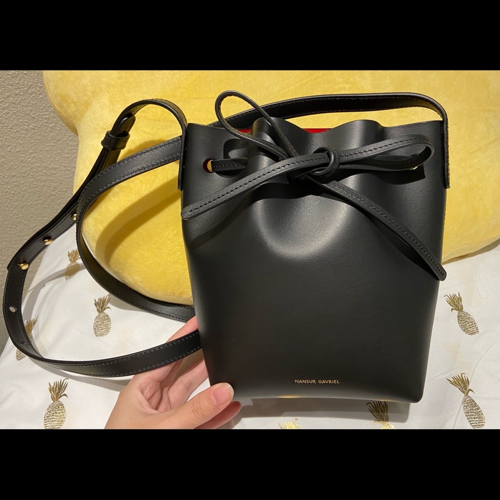 Mansur Gavriel Black Leather Bow Bucket Crossbody Bag